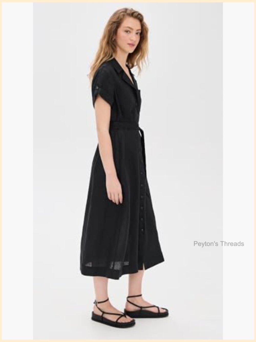 Linen Midi Dress with Collared Neck and Button Placket - Picture 4 of 6
